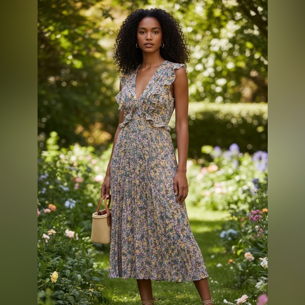 Banana Republic Sleeveless Floral Ruffle Pleated Midi Dress Sz XS Deep VNeck NWT - Picture 1 of 12